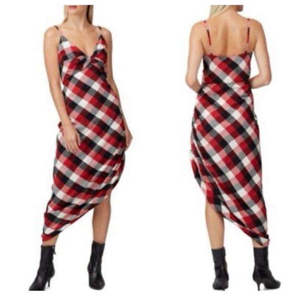 Monse Plaid Twist Sheath midi Dress red white black 45378 - Picture 1 of 16